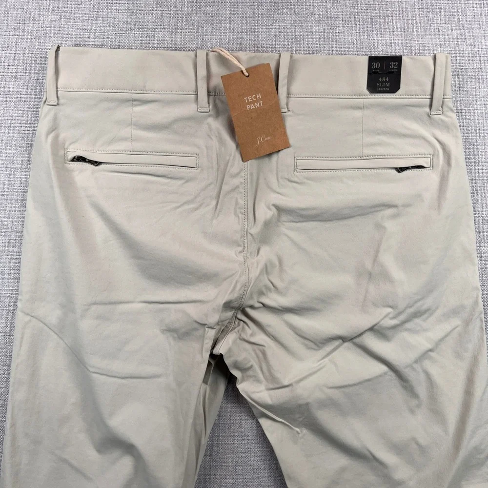 J. Crew 484 Slim Stretch Tech Pants Men 30x32 Khaki Water Resistant Commuter NEW